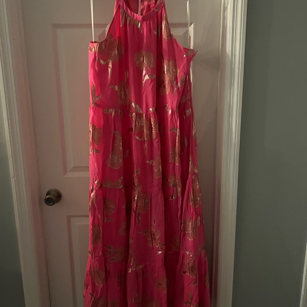 NWT Lilly Pulitzer- Beccalyn Halter Maxi Dress Roxie Pink Anniversary Silk Clip